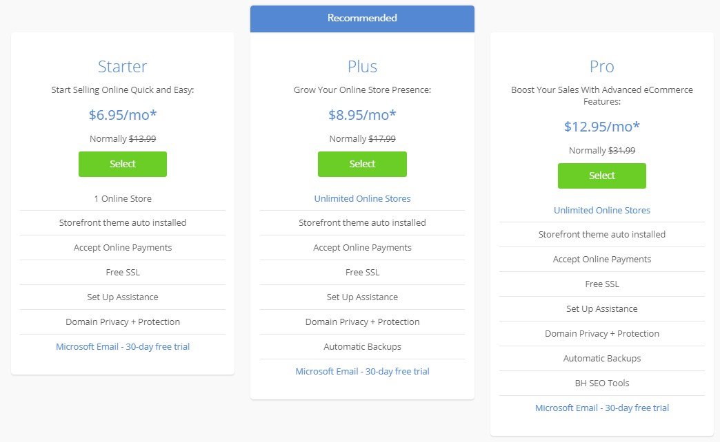 Bluehost Pricing Plans Woo Commerce